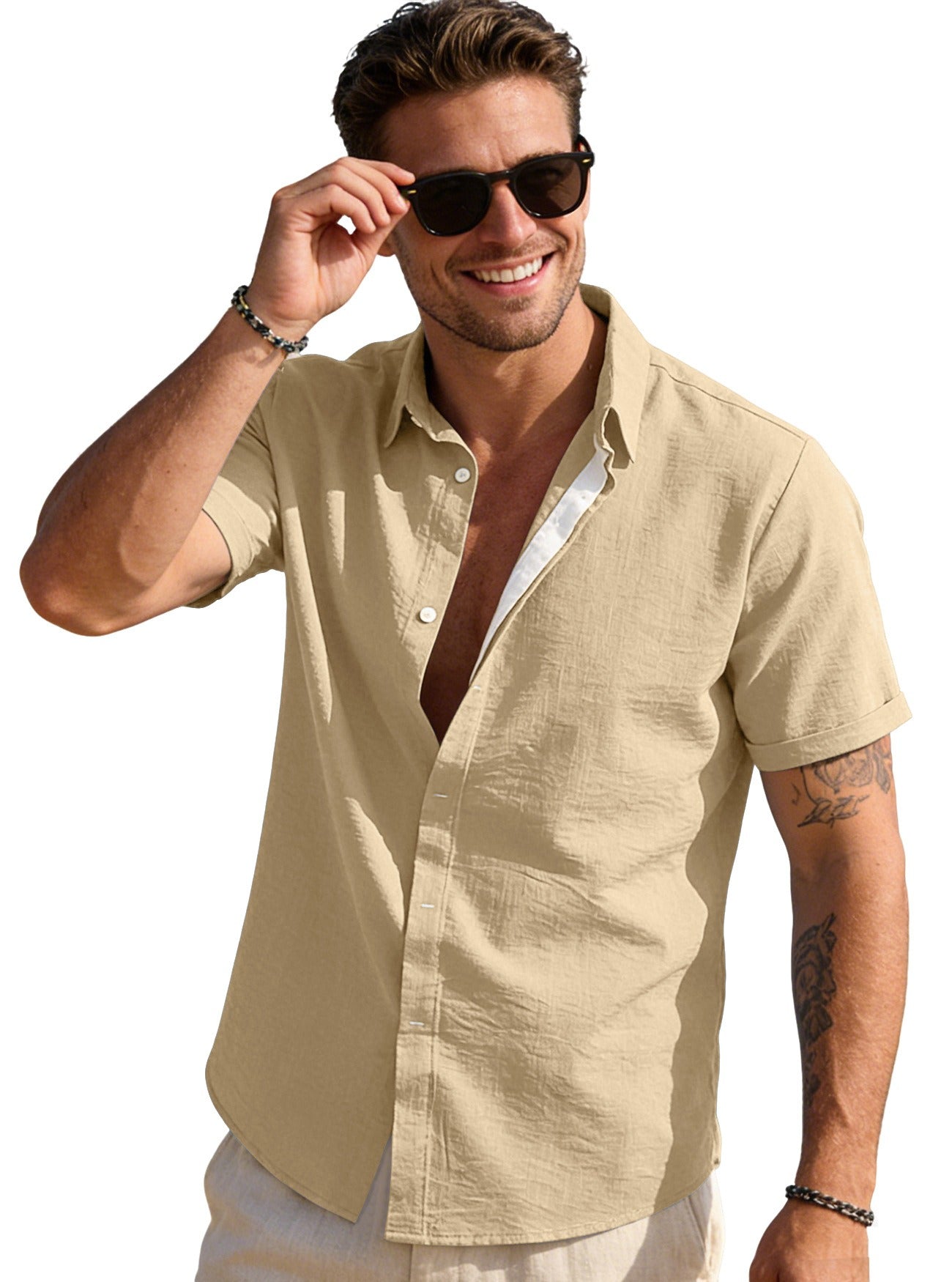 Camisa de manga corta para hombre de color liso con puño