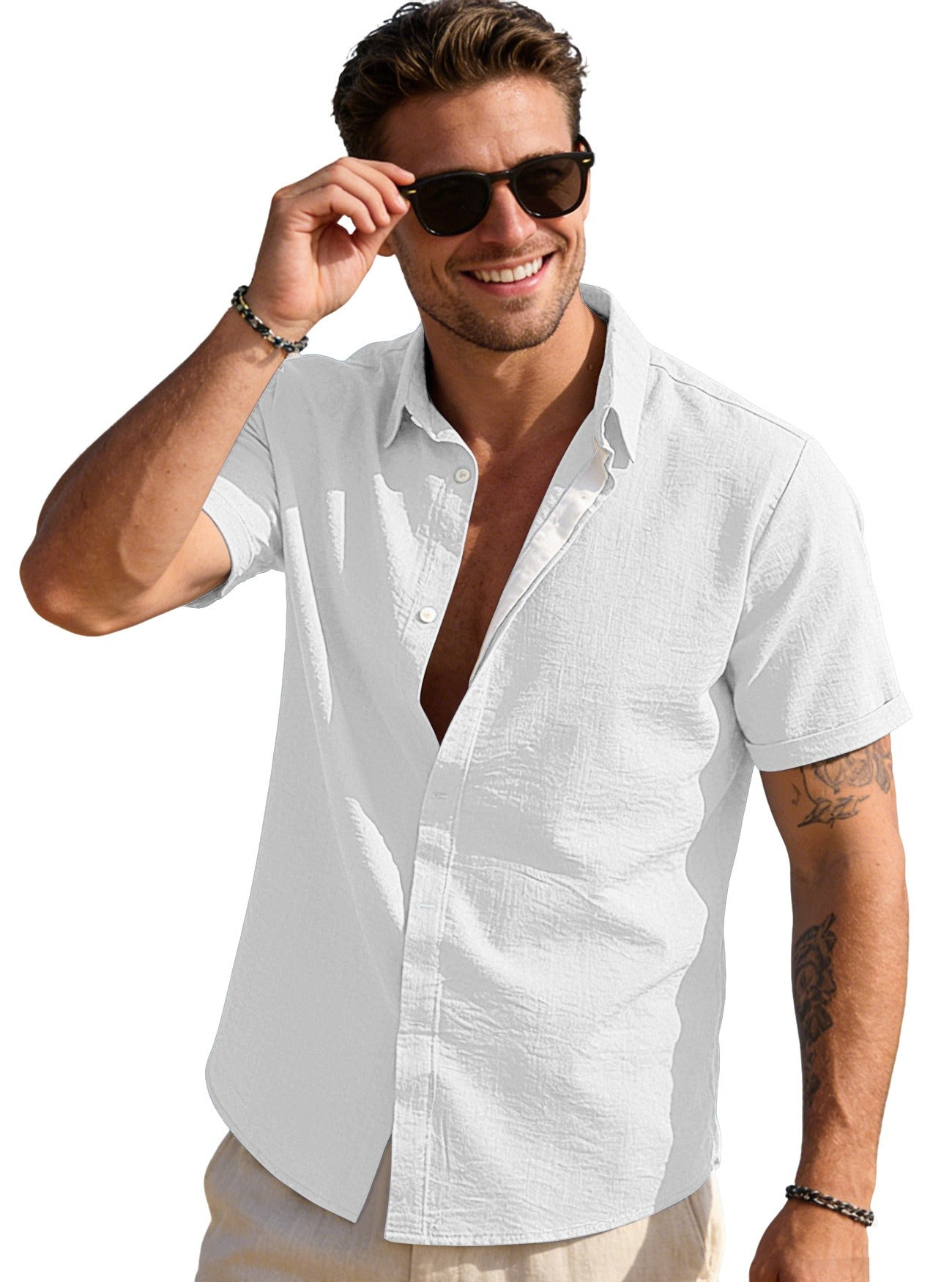 Camisa de manga corta para hombre de color liso con puño